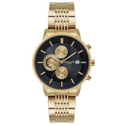 Relógio Masculino Cronógrafo Aço Aro 3d em Aço Inox Dourado Séculus
