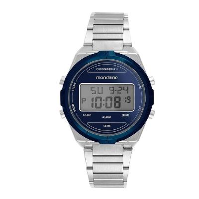 Relógio Masculino Digital Casual Prata e Azul em Aço Inox Mondaine