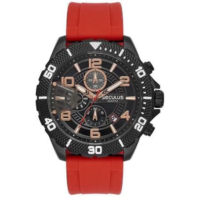 Relógio Masculino Cronógrafo Silicone Textura Cinza com Mostrador Preto e Pulseira Vermelha Séculus