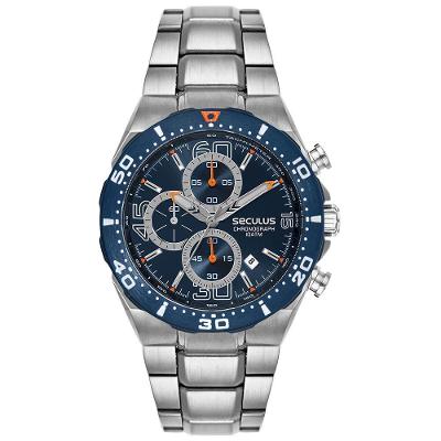 Relógio Masculino Index Cronógrafo em Aço Inox Mostrador Azul Fecho Dobrável Séculus 44MM