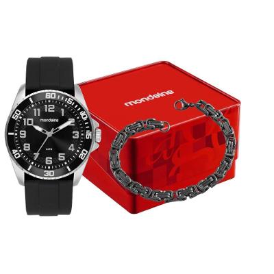 Relógio Masculino Kit Silicone Preto Analógico Display LED Caixa Metal Mondaine 45MM