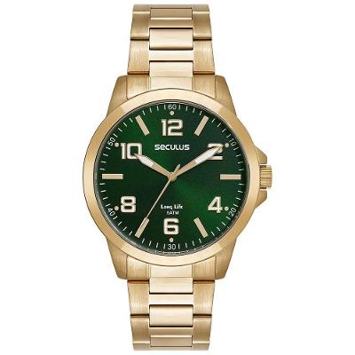 Relógio Masculino Relógio Masculino Dourado Analógico Aço Mostrador Verde Pulseira Aço Inox Séculus