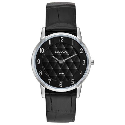 Relógio Masculino Slim Analógico em Couro Croco Prata com Cristal Mineral Séculus
