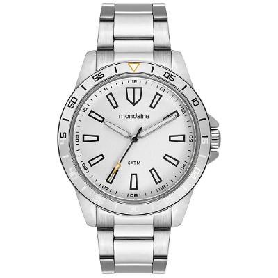 Relógio Masculino Robusto Analógico Aço Inox Branco Mondaine 45MM