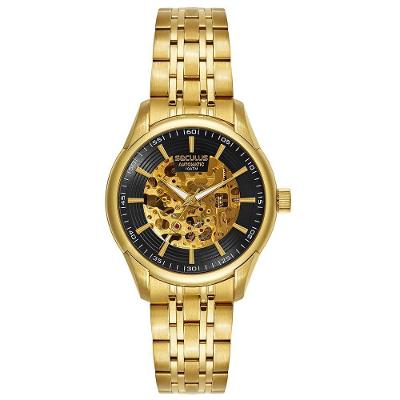 Relógio Masculino Skeleton Clássico Aço Inox Automático Dourado Séculus