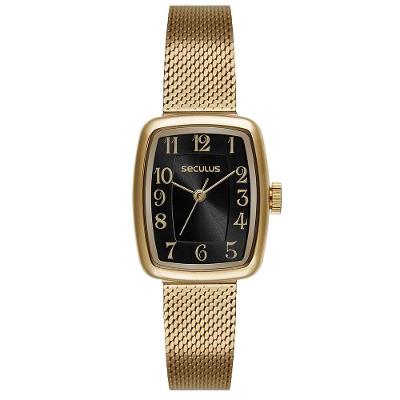 Relógio Feminino Analógico Numeração Mostrador Preto com Pulseira Aço Inox Dourado Séculus