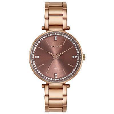 Relógio Feminino Analógico Cristais Visor Amplo Marron com Pulseira Aço Inox Séculus