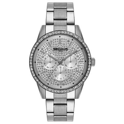 Relógio Feminino Multifunção Cristais Prata de Aço Inox com LED Prata Séculus