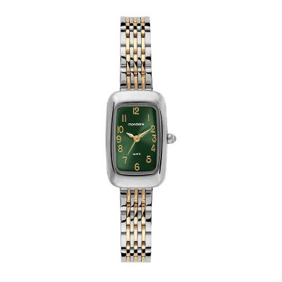 Relógio Feminino Retangular Abaulado Bicolor Analógico em Aço Inox com Mostrador Verde Mondaine