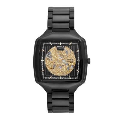 Relógio Masculino Automático Maquinismo Aparente Preto em Aço Inox com Fundo em Vidro Séculus