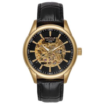 Relógio Masculino Aço Automático Mostrador Skeleton Couro Preto Séculus