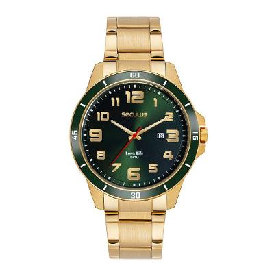 Relógio Masculino com Calendário Dourado Analógico em Aço Inox Fecho Dobrável Séculus 46MM