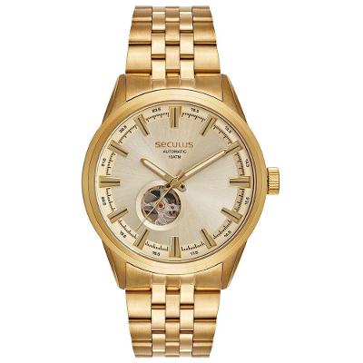 Relógio Masculino Aço Champagne Automático com Pulseira em Aço Inox Séculus