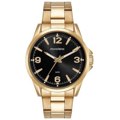 Relógio Masculino Clássico Dourado Mostrador Preto Aço Inox 5 ATM Mondaine 44MM