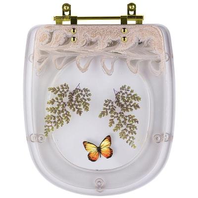 Assento Sanitário Sabatini Alongado Resina Plástica Parafusado Convencional Bege Decorado Borboleta
