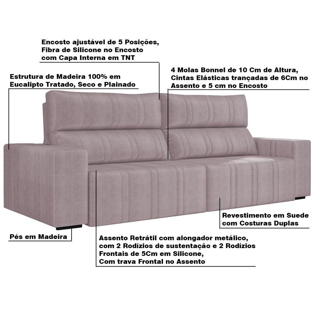 Sofá Retrátil 254cm Leonel Suede Rosê Gran Belo - 3