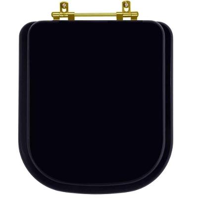 Assento Sanitário Piano Alongado Resina Plástica Parafusado Ferragem Dourada Preto Fosco Pontto