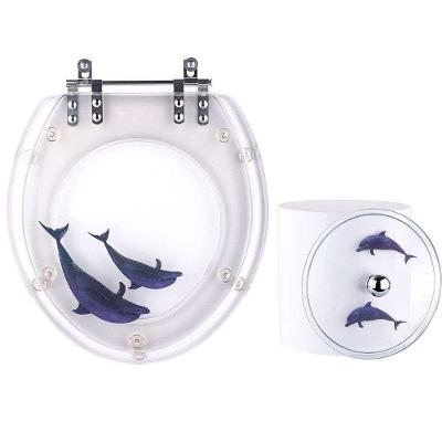 Assento Sanitário e Lixeira Decorada Golfinhos Oval Resina Plástica Convencional Branco Pontto