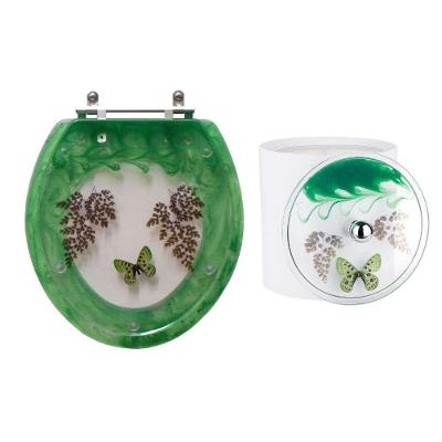 Assento Sanitário e Lixeira Decorado Borboleta Verde Esmeralda em Resina e Polipropileno