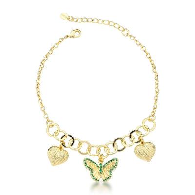 Pulseira Feminina Delicada Banhada Em Ouro 18k - Corações E Borboleta Com Cristais Verdes