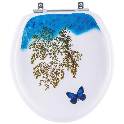 Assento Sanitário Almofadado Oval MDF Convencional com Espuma Branco Decorado Borboleta Pontto