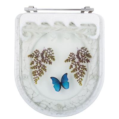 Assento Sanitário Calypso Alongado Resina Plástica Convencional Decorado com Borboleta Azul Branco