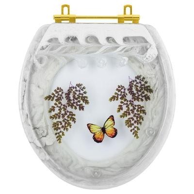 Assento Sanitário Borboleta Amarela Oval Resina Plástica Parafusado Decorado Branco com Ferragem