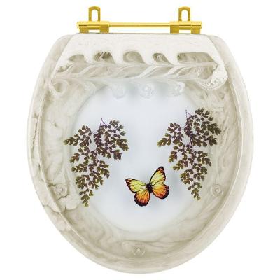 Assento Sanitário B3 Oval Polipropileno Parafusado Convencional Bege Decorado Borboleta Amarela