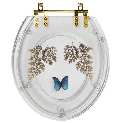 Assento Sanitário Borboleta Azul Oval Resina Plástica Convencional com Ferragem Dourada Transparente