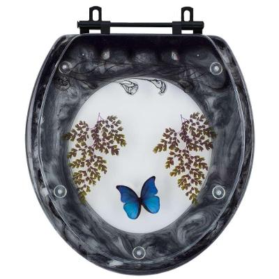 Assento Sanitário Decorado Oval Resina Plástica Fechamento Convencional Preto com Borboleta Azul