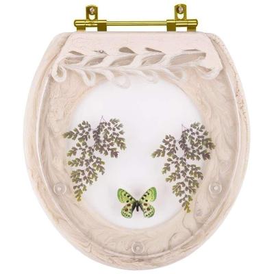 Assento Sanitário Decorado Oval Resina Plástica Convencional Almofadado Creme com Borboleta Verde