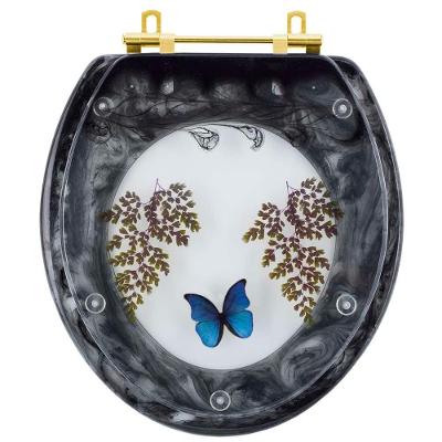 Assento Sanitário Borboleta Azul Oval Resina Plástica Convencional Decorado Preto Pontto Lavabo