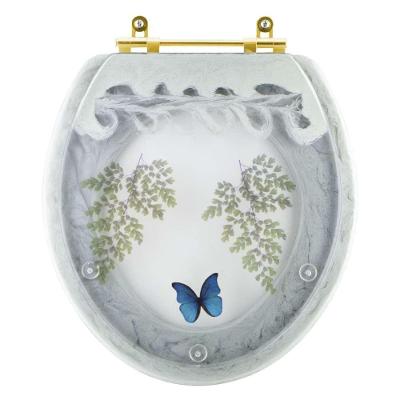 Assento Sanitário Convencional Oval Poliéster Decorado Borboleta Azul com Ferragem Dourada Verde
