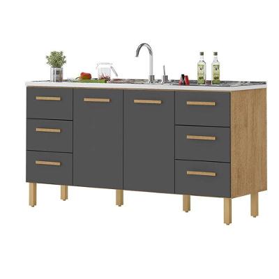 Balcão Belém para Pia 2 Portas 6 Gavetas MDF-MDP 157CM Amêndoa Grafite Milani Movelaria