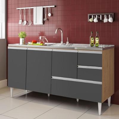 Balcão Maceió para Pia 3 Portas 2 Gavetas MDF-MDP 157CM Amêndoa e Grafite Milani