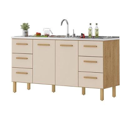 Balcão Belém para Pia 2 Portas 6 Gavetas MDF-MDP 157CM Amêndoa Milani Movelaria