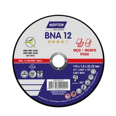 Disco de Corte BNA12 Alto Desempenho para Aço e Inox 2 Telas Norton 115MM