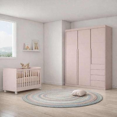 Quarto Completo Pérola com Guarda Roupa 3 Portas e 4 Gavetas + Berço Mini Cama em MDF Rosê Phoenix