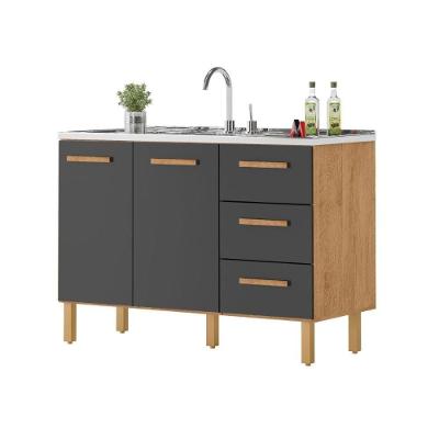 Balcão Fortaleza 3 Gavetas 2 Portas MDF-MDP 118CM Amêndoa Grafite Milani Movelaria