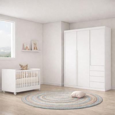 Quarto Infantil Completo Pérola com Guarda Roupa 3 Portas e 4 Gavetas MDF 165CM Branco Phoenix Baby
