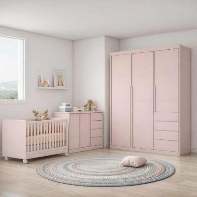 Jogo de Quarto Pérola com Guarda Roupa Cômoda Berço Mini Cama 3 Portas 4 Gavetas MDF Rosê Phoenix