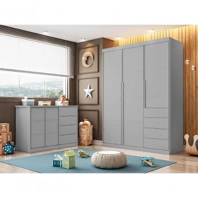 Jogo de Quarto Pérola com Guarda Roupa e Cômoda 3 Portas 4 Gavetas MDF 120CM Cinza Phoenix Baby