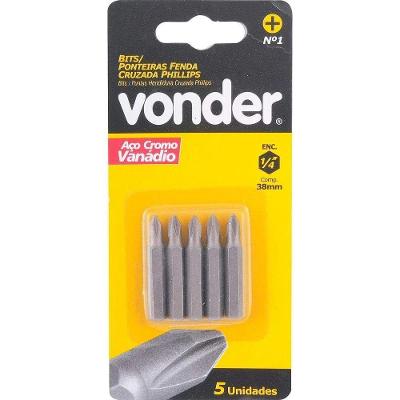Bits Phillips Encaixe 1-4 com Ponteira em Aço Cromo Vanádio Vonder 5 PEÇAS