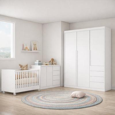 Quarto Infantil Completo Pérola com Guarda Roupa Cômoda Berço Mini Cama MDF Branco Phoenix Baby