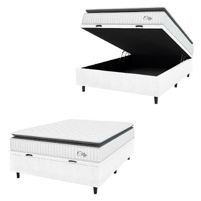 Cama Box Baú Colchão Casal Molas Ensacadas City Pillow Top 138x188x64cm Linho Branco / Preto Hellen Branco/pre