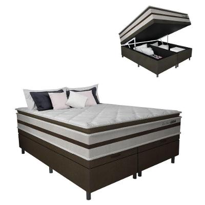 Cama Box Baú Casal King Gazin Colchão Molas Ensacadas Pillow Top Love Story 193x203x71cm Branco/Marrom
