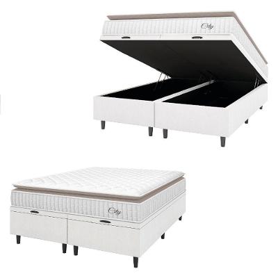 Cama Box Colchão Baú Casal Queen Molas Ensacadas City Pillow Top 158x198x64cm Linho Branco / Bege Hellen Branco/bg