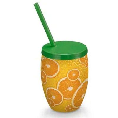 Copo com Canudo Fruta Laranja Plástico Design Criativo para Festas Injetemp 650ML
