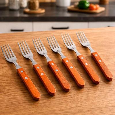 Jogo de Garfos Cabo Madeira Aço Inox Churrasco Cozinha Kit 6 Peças Marrom