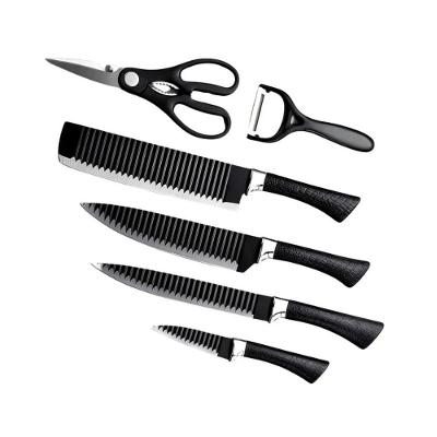 Kit Facas 6 Peças Frisadas Preta com Descascador e Tesoura Aço Inoxidável Antiaderente Preto